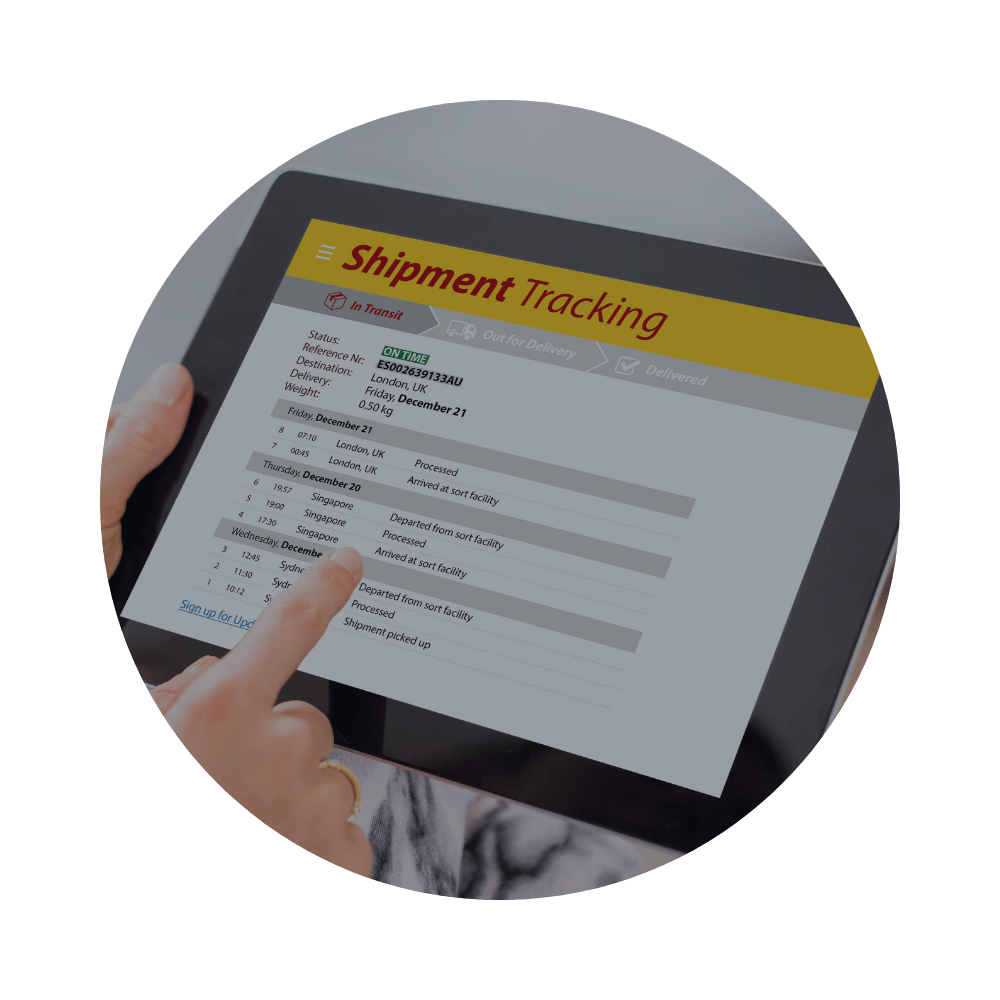 Shipment tracking status on a tablet screen