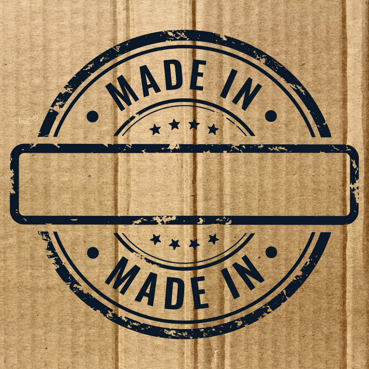 Certificate of Origin: blank “made in” stamp on a cardboard box background.