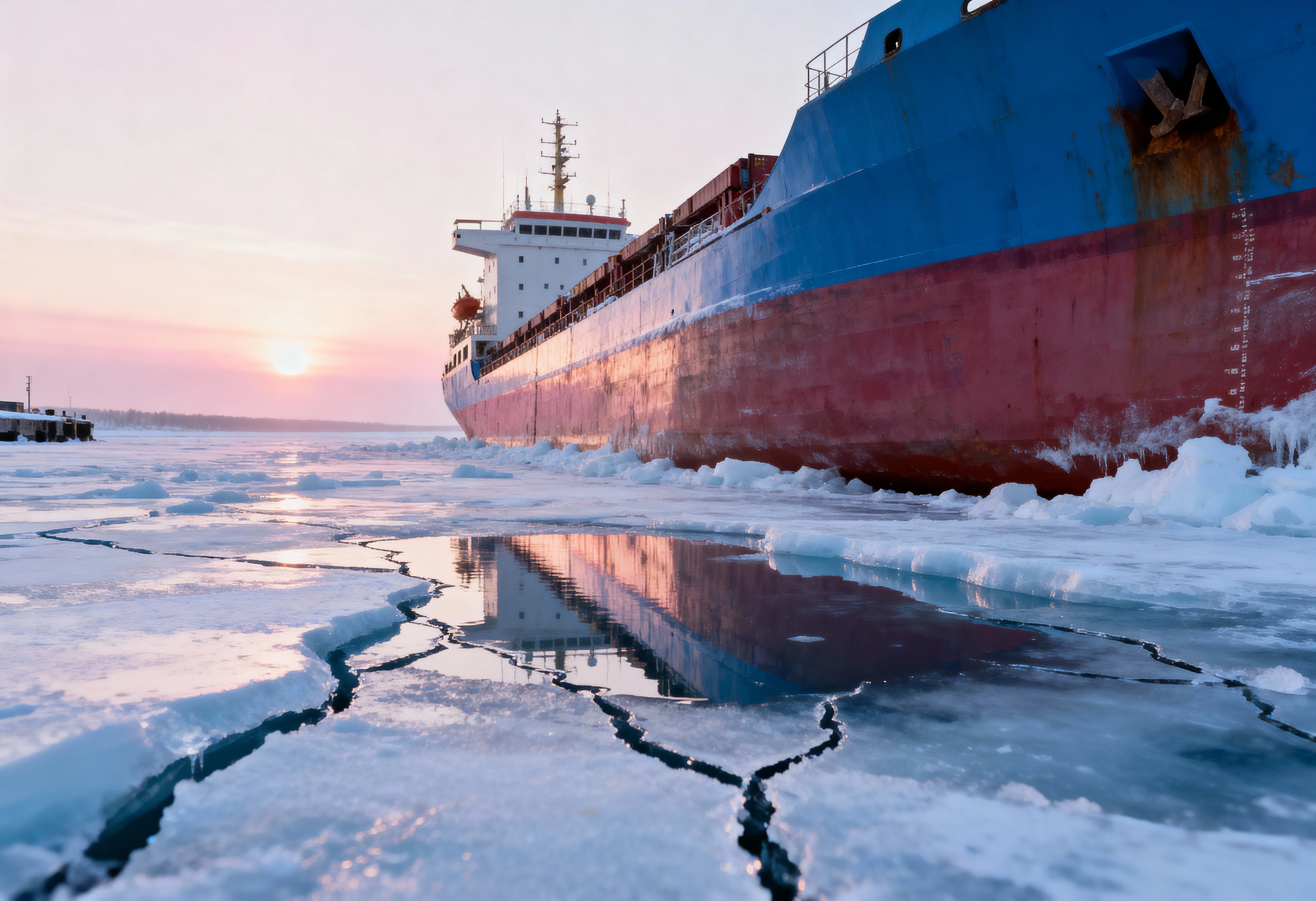 Container ship trapped in icy water